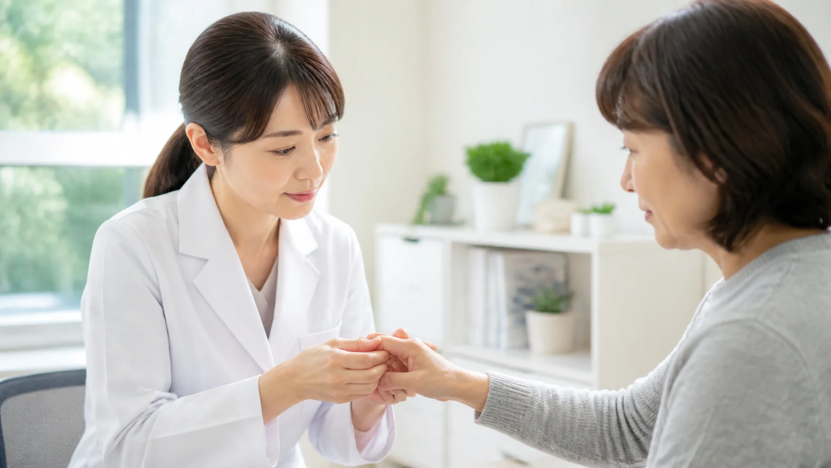 手指の関節を医師が確認する様子