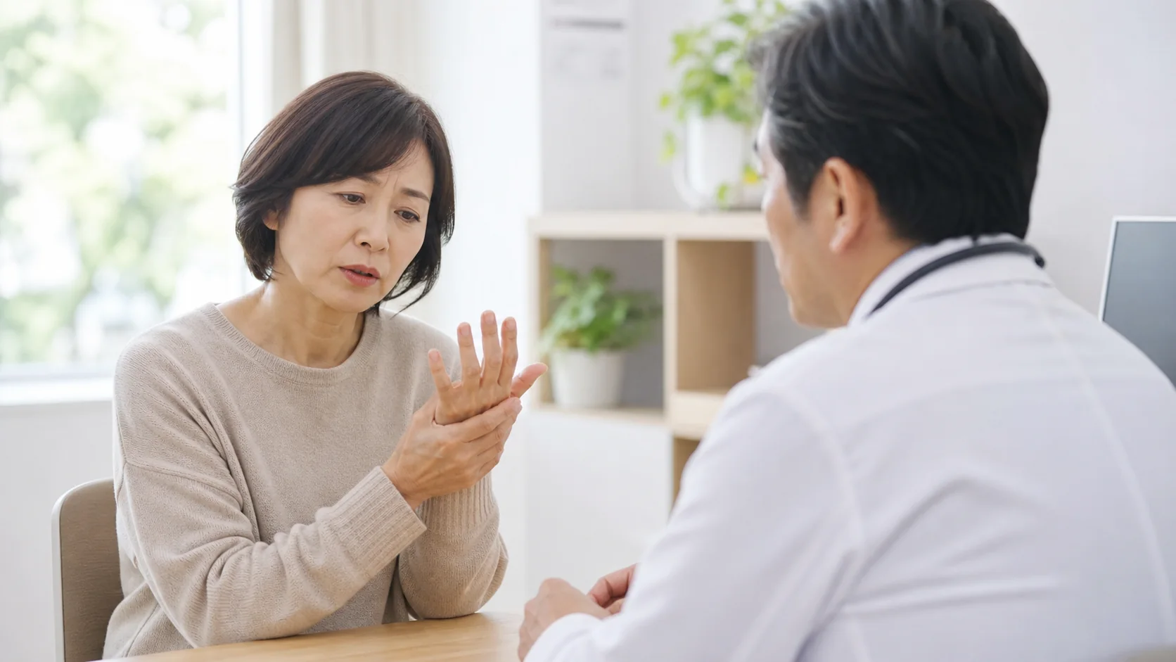 朝の手のこわばりを医師に相談する患者