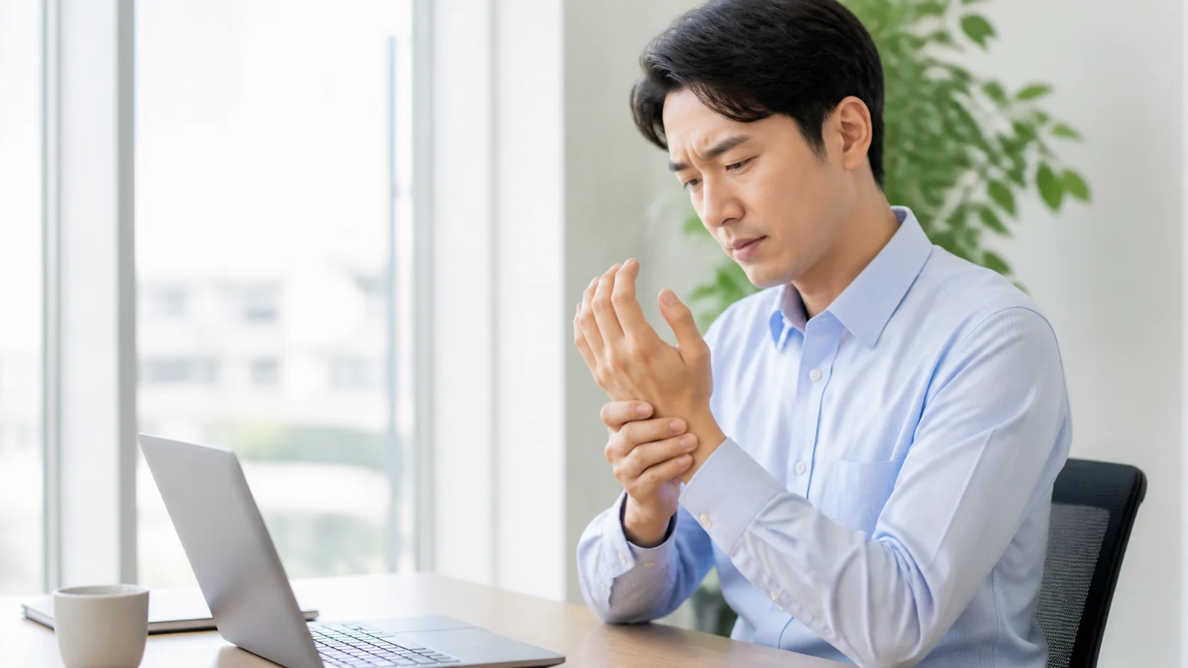 デスクワーク中に繰り返す手のこわばりを感じる男性