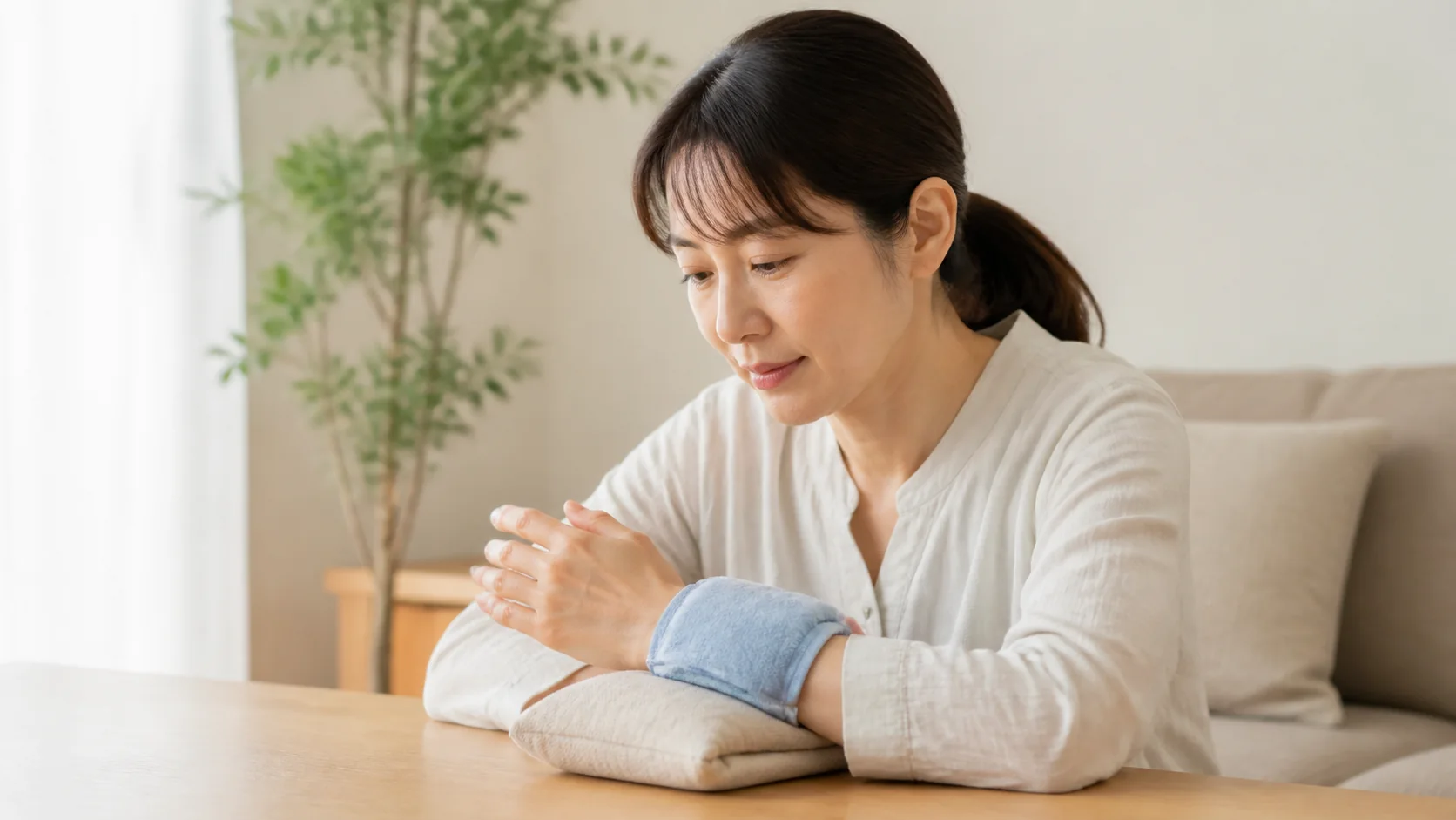 親指側の手首を冷やして休ませる女性