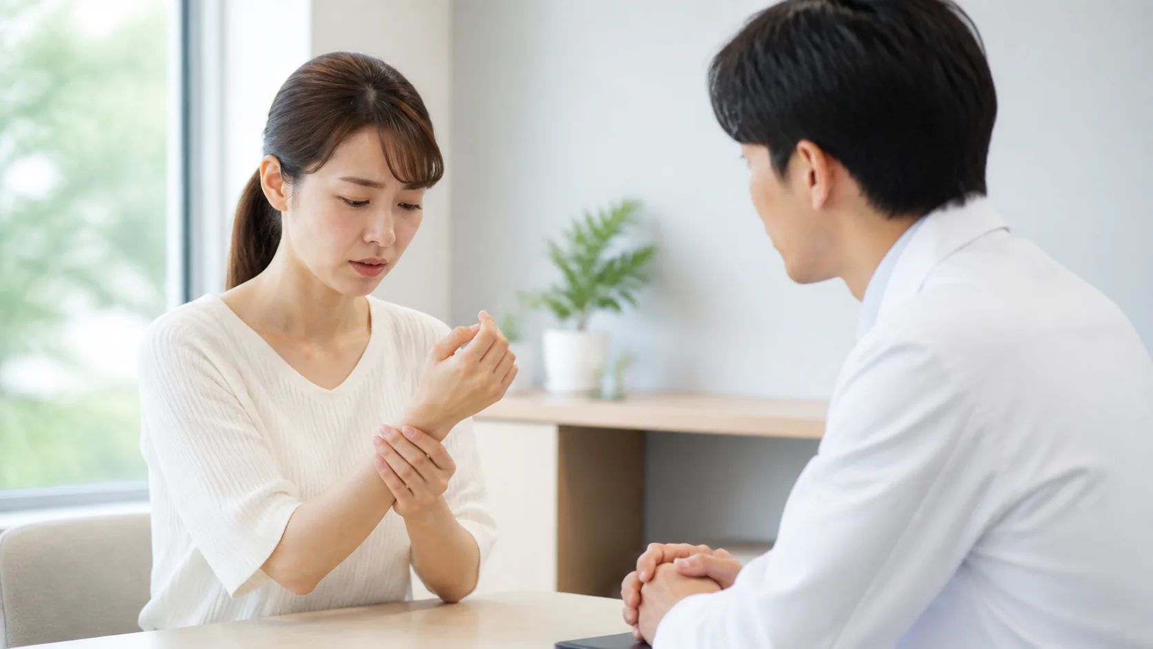 親指側の手首の痛みを医師に相談する患者