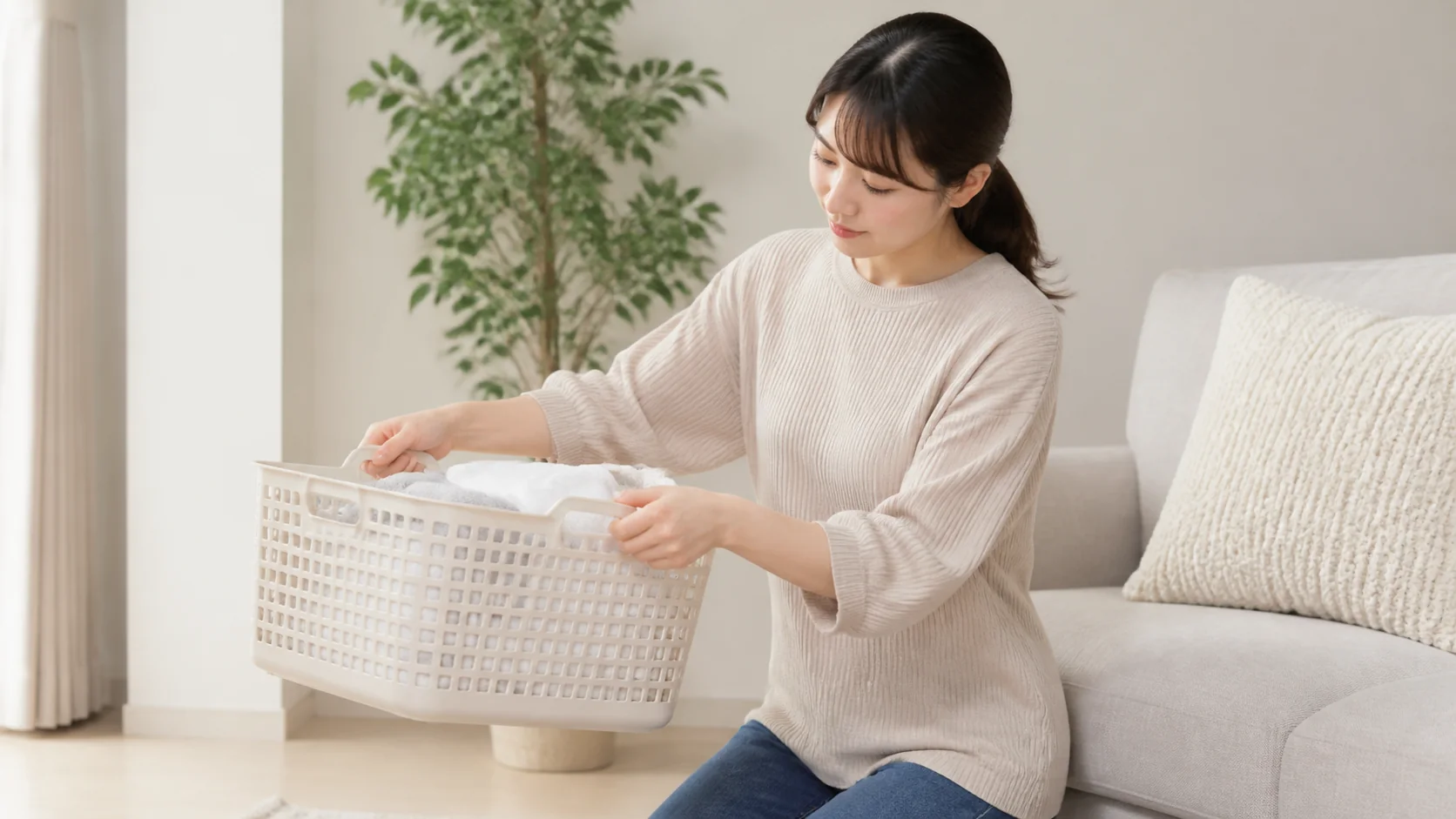 手首に負担をかけにくい持ち方でかごを持つ女性