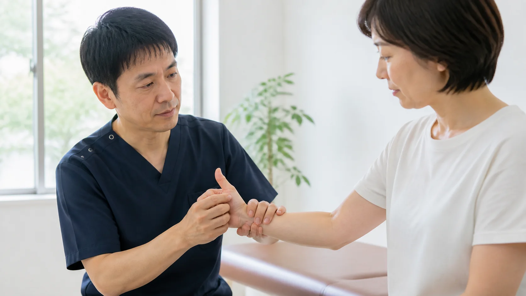 親指の関節と手首の状態を確認する様子