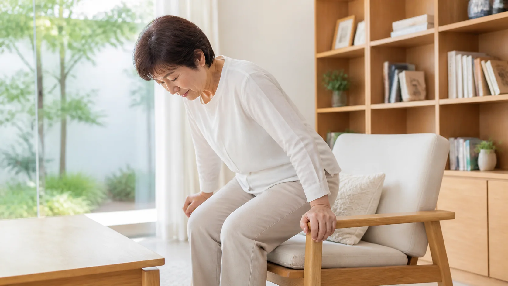 手首を反らさず椅子から立ち上がる女性