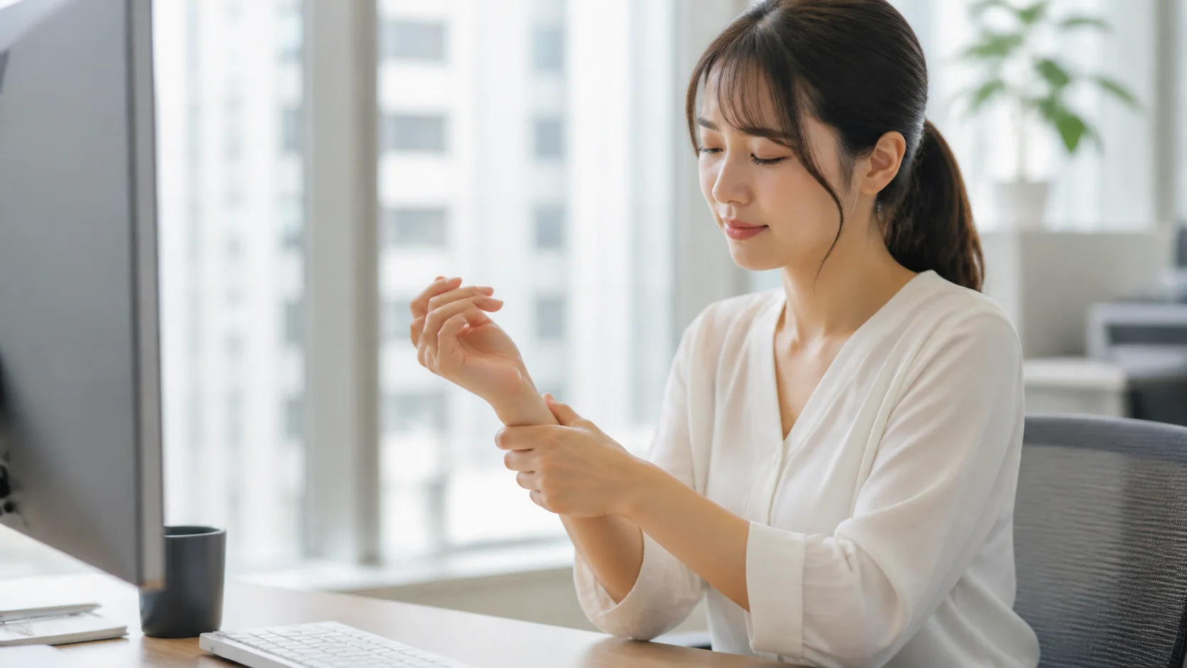 デスクワーク中に手首を休ませる女性