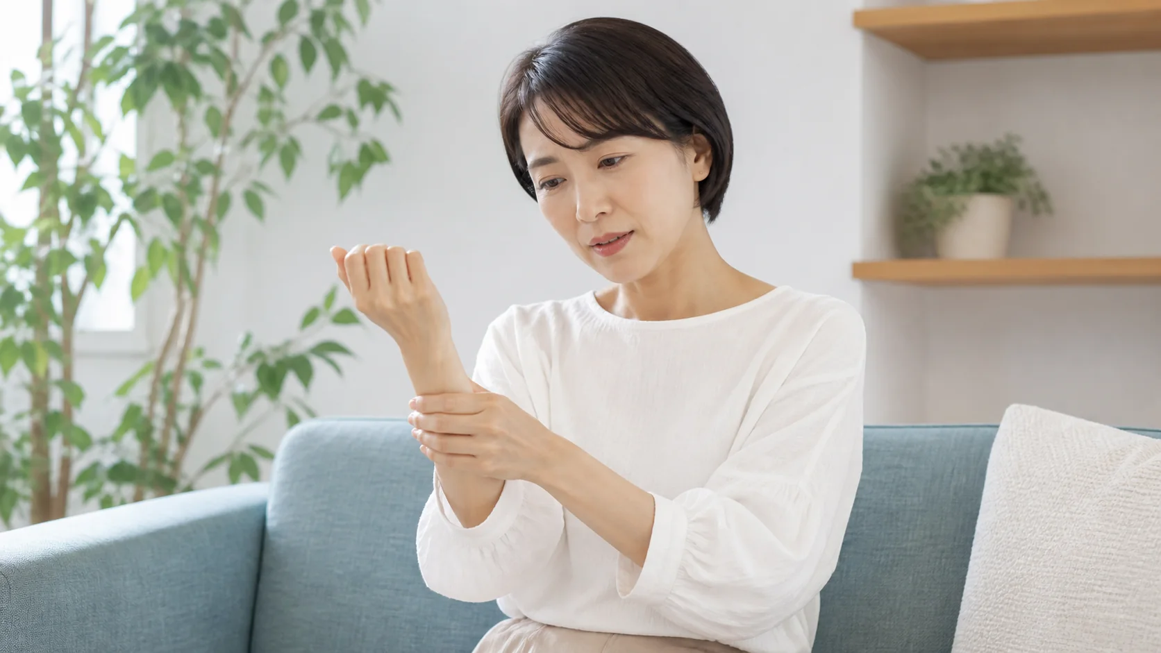 手首をひねる動きと痛む場所を確認する女性