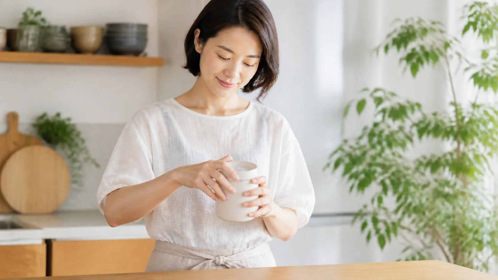 両手で容器を持ち手首の負担を減らす女性