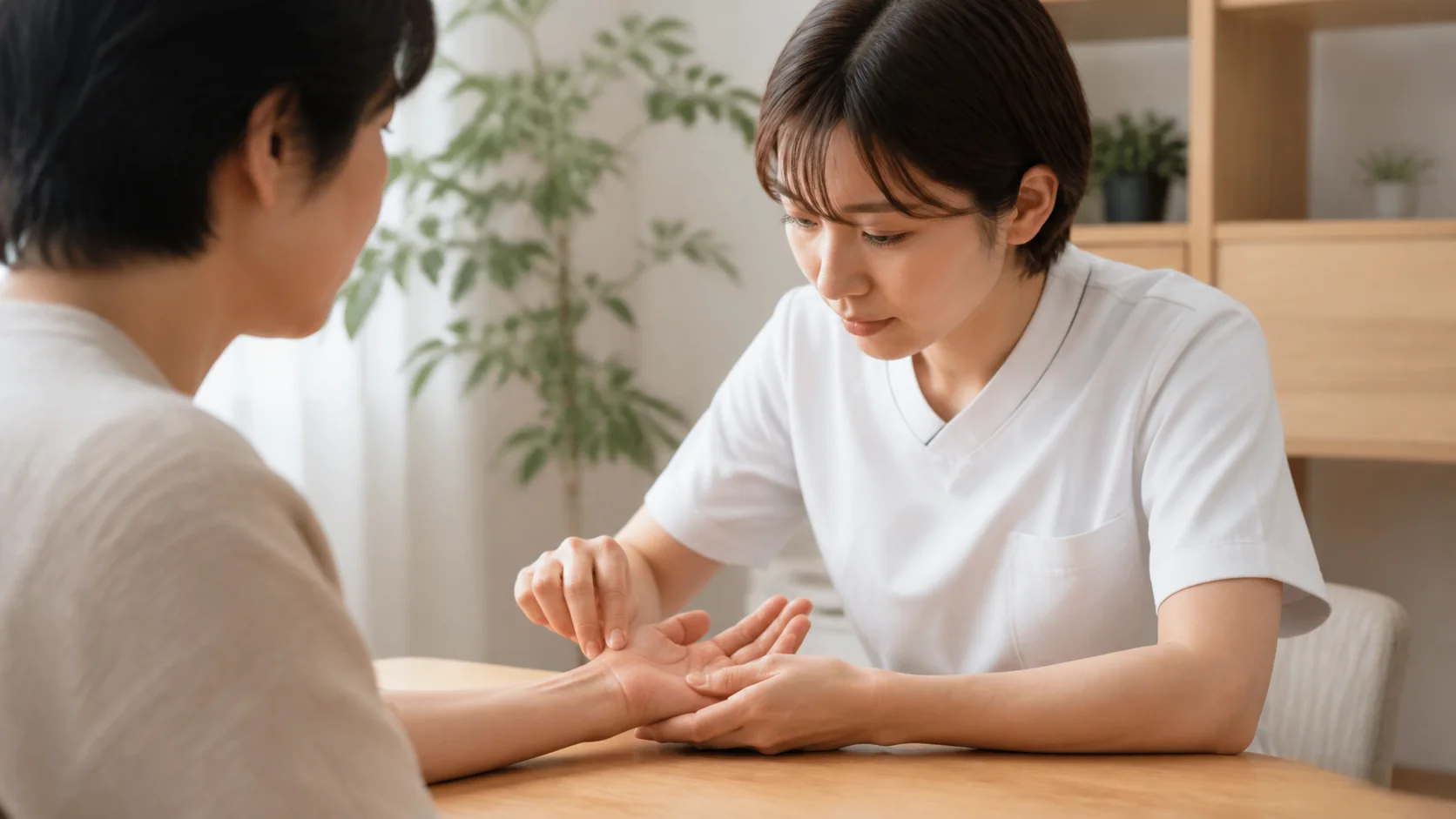 親指側と手首中央を確認する様子