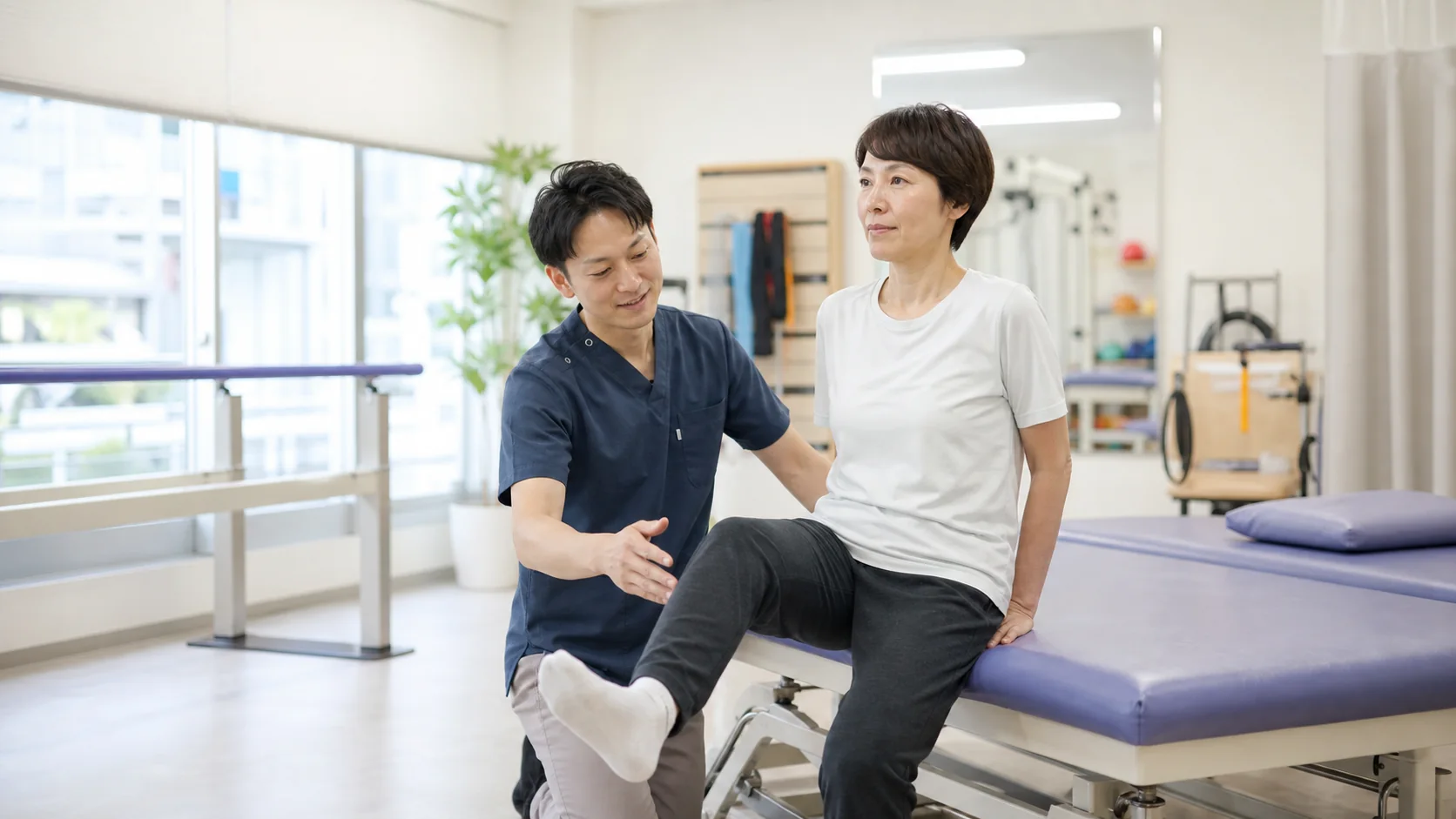 理学療法士と脚の運動を行う女性