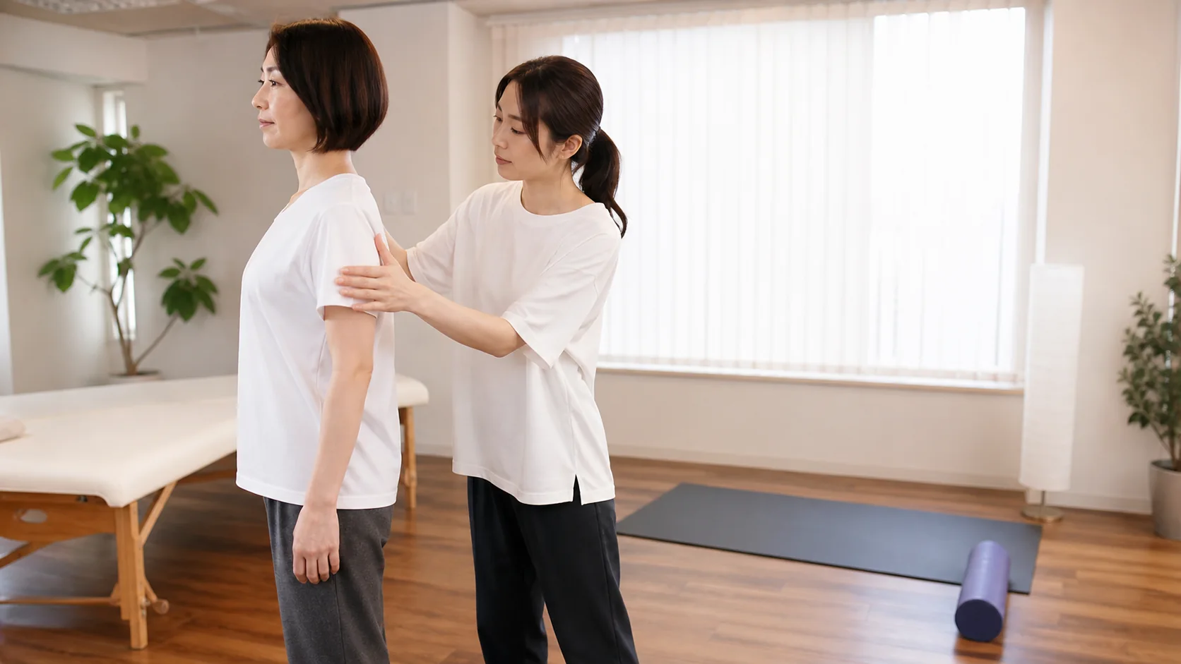 整体とストレッチの違いを姿勢から確認する様子
