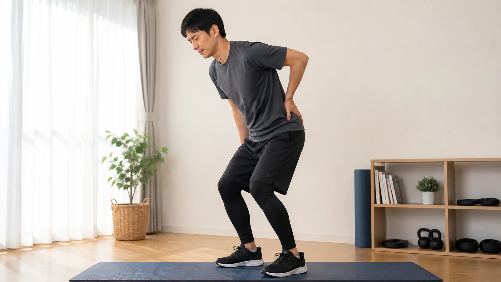 しゃがんだ後に腰の負担を感じる男性