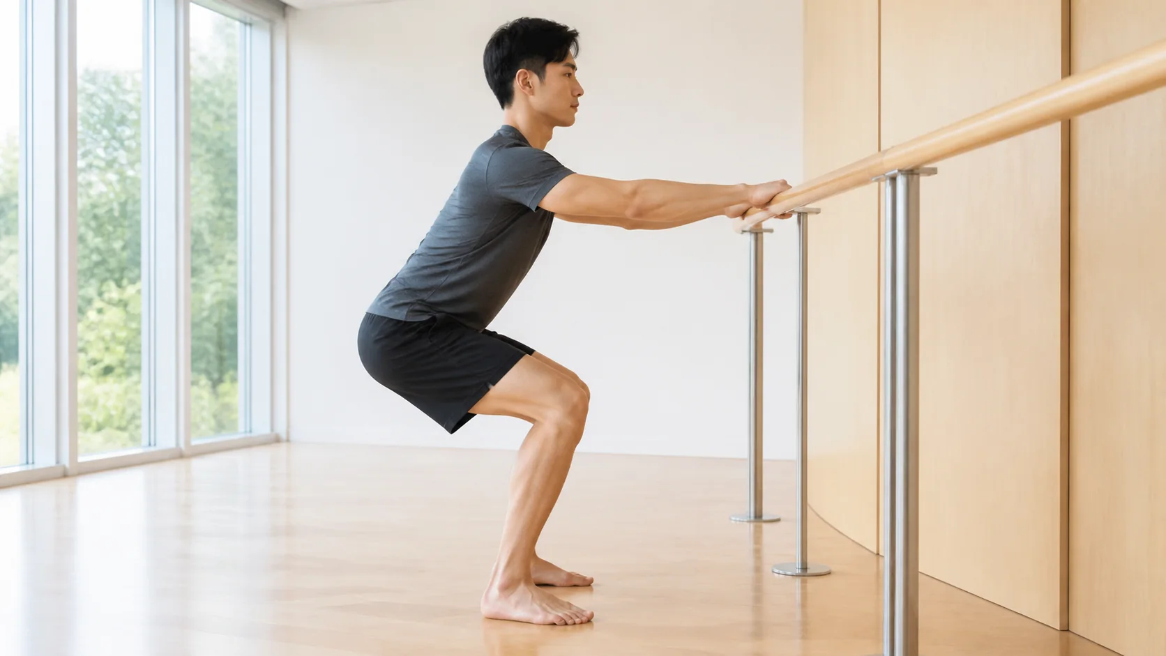 手すりを使って重心を確認しながらしゃがむ男性