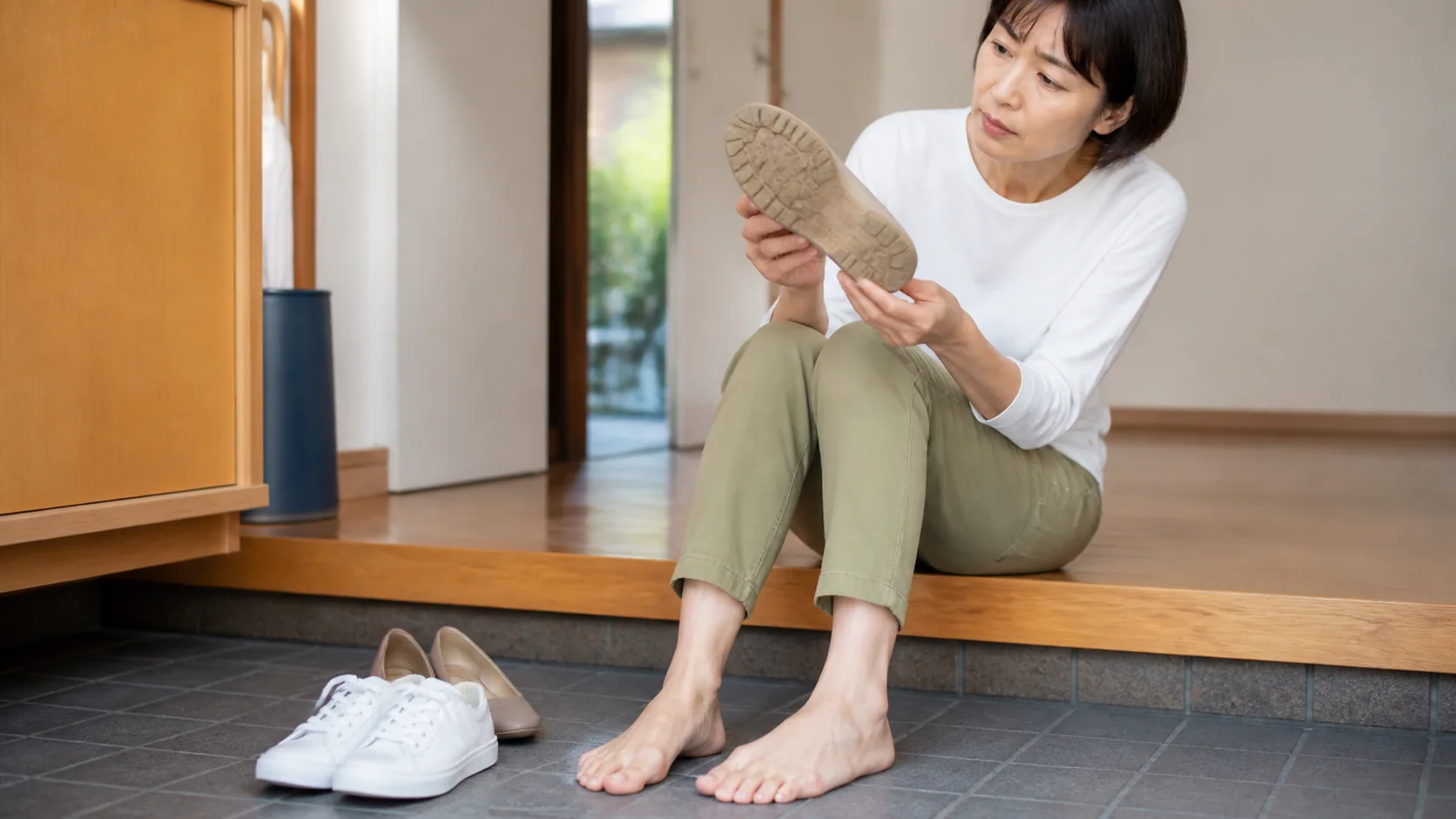 靴底の減り方を確認する女性