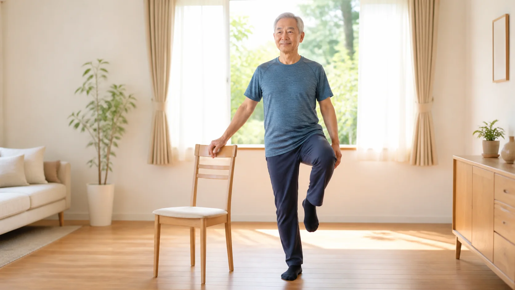 椅子に手を添えて片足立ちをする高齢男性