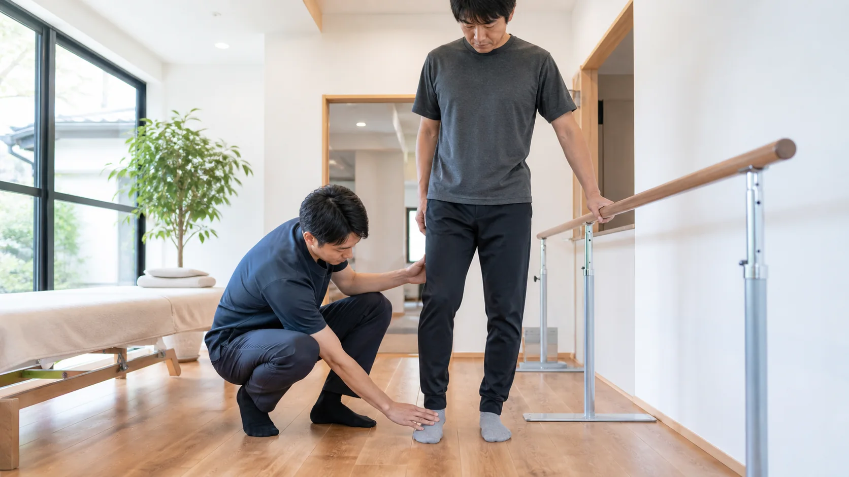 足首と立位バランスを施術者が確認する様子