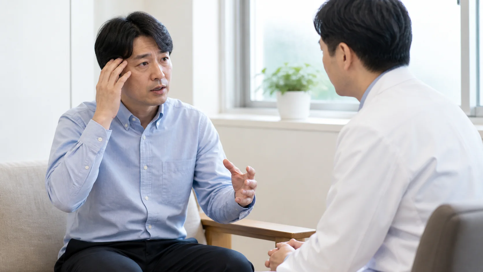 急なふらつきを医療従事者に相談する男性
