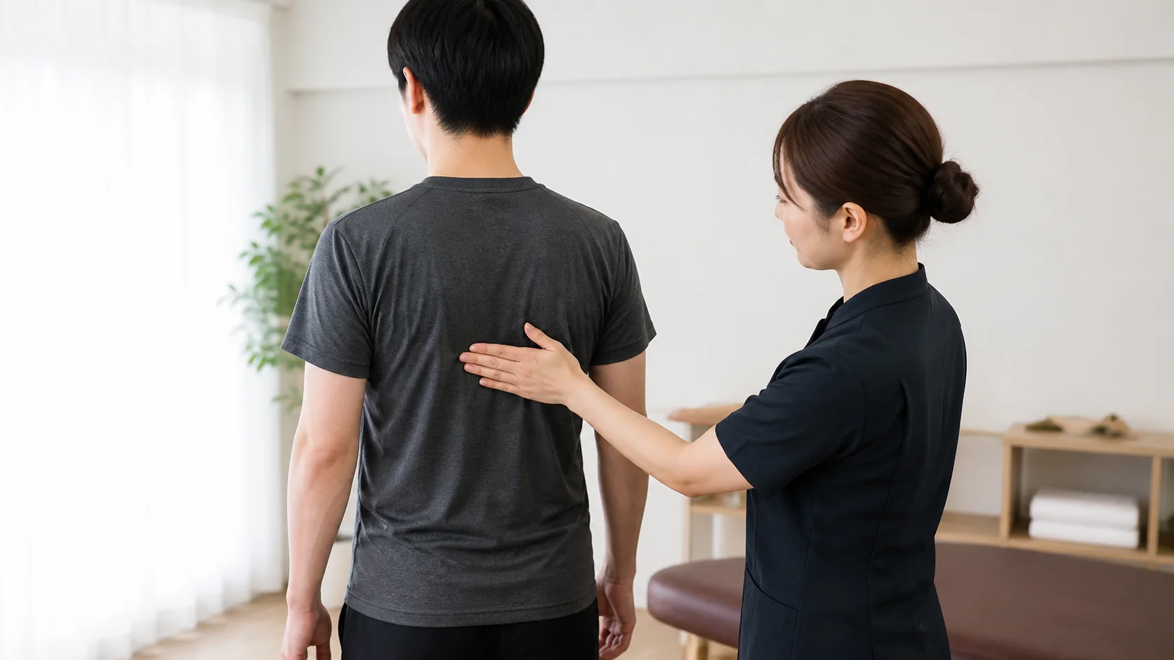 胸椎の位置を施術者が示す様子