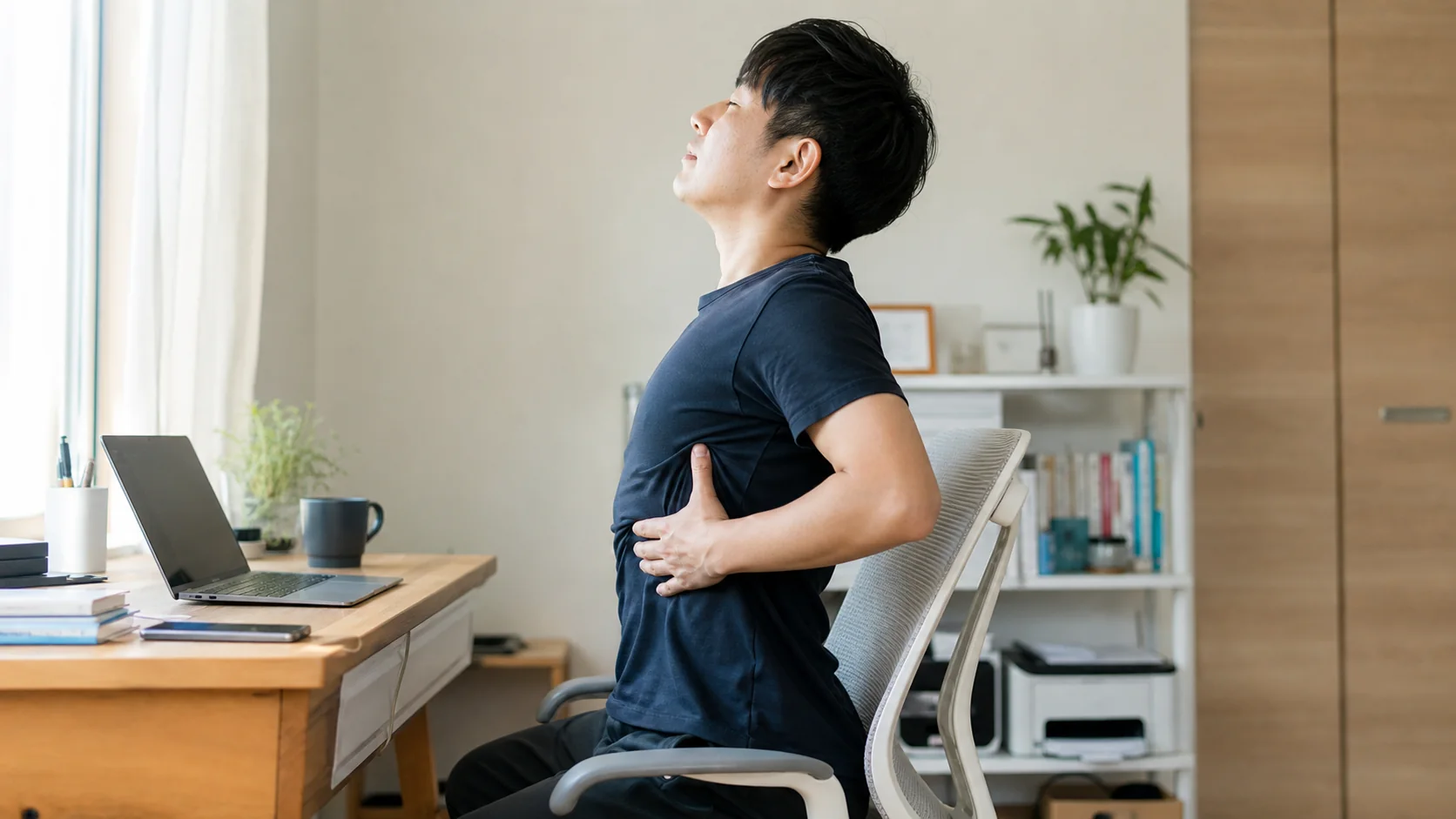 デスクワーク中に胸を張りすぎて呼吸する男性