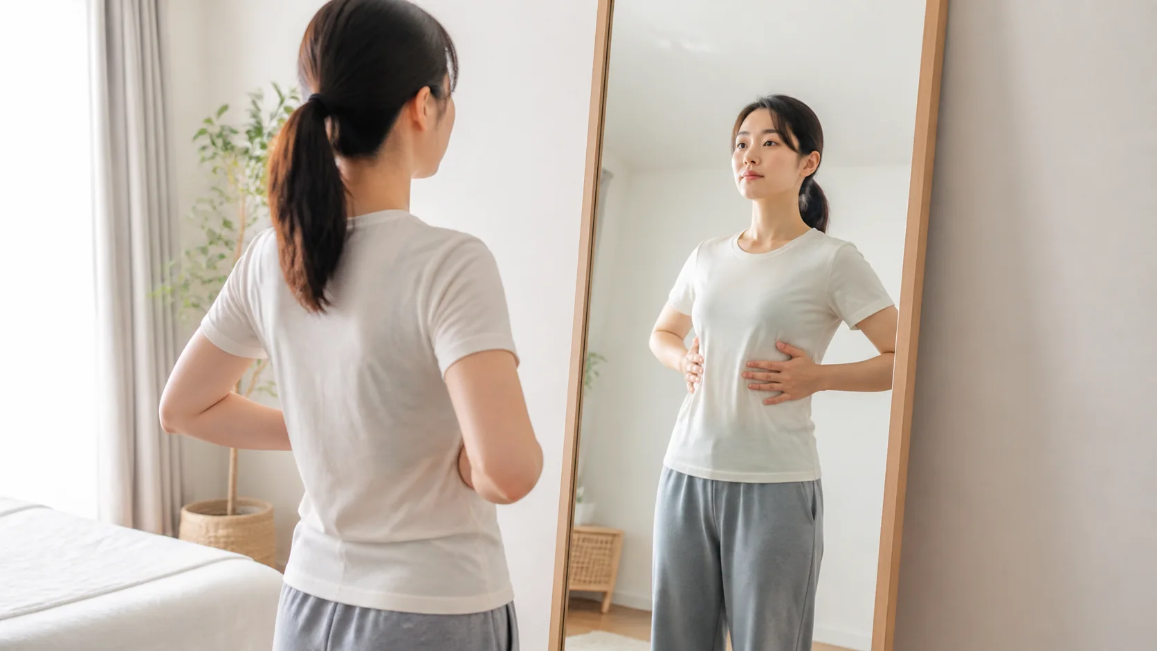 鏡を使って肋骨の開きを確認する女性