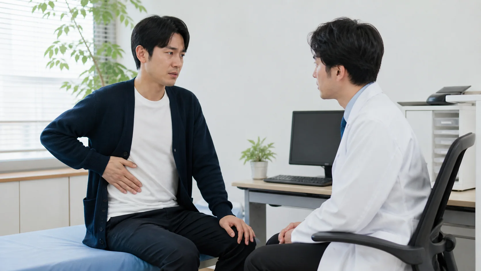 肋骨の痛みを医療従事者に相談する男性