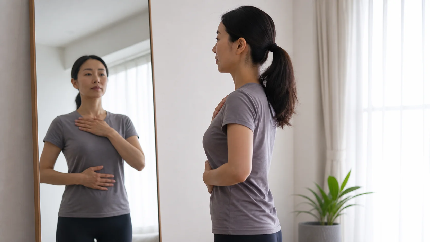 鏡の前で肩と胸の動きを確認する女性