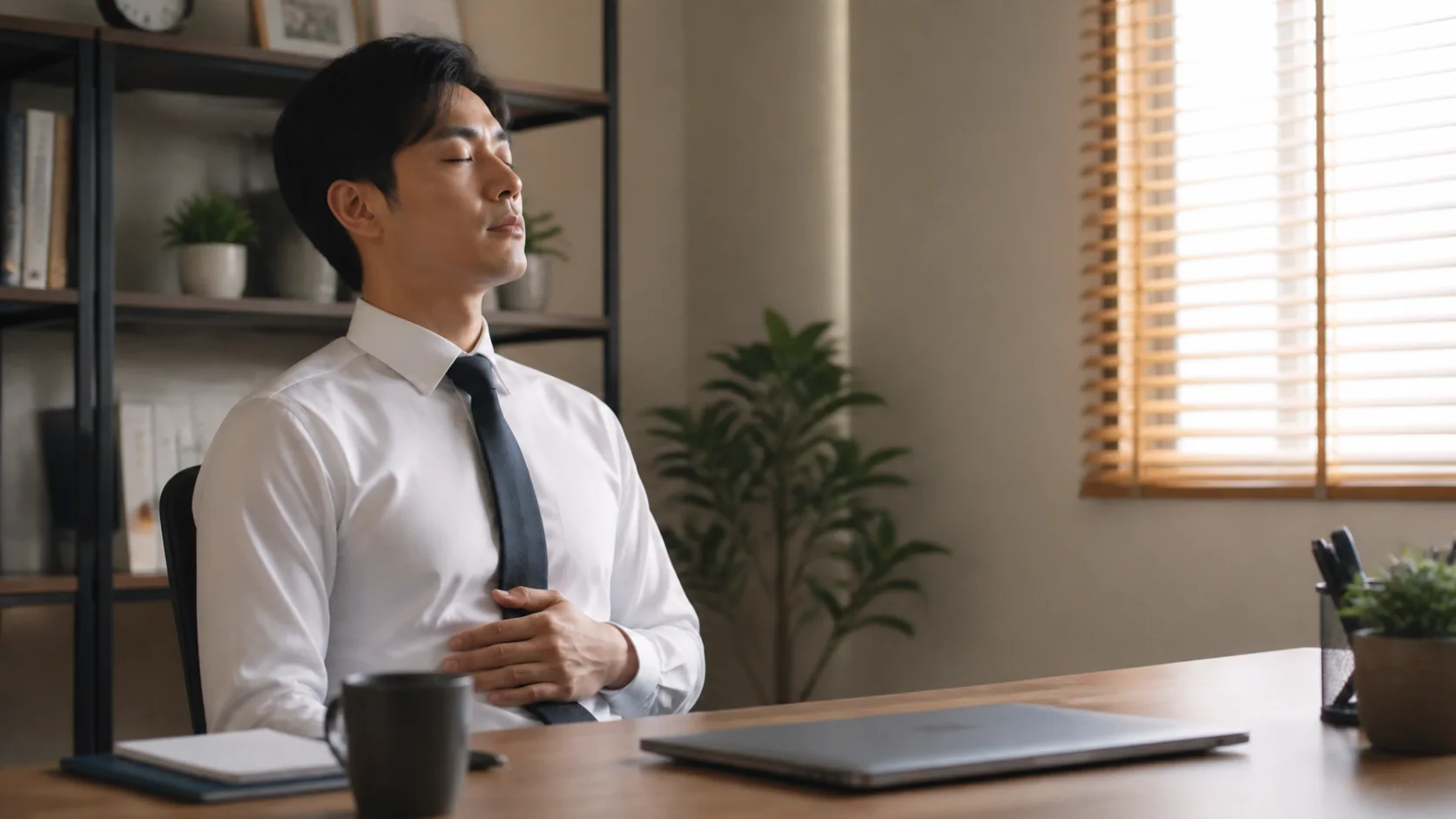 仕事の合間に呼吸を整える男性