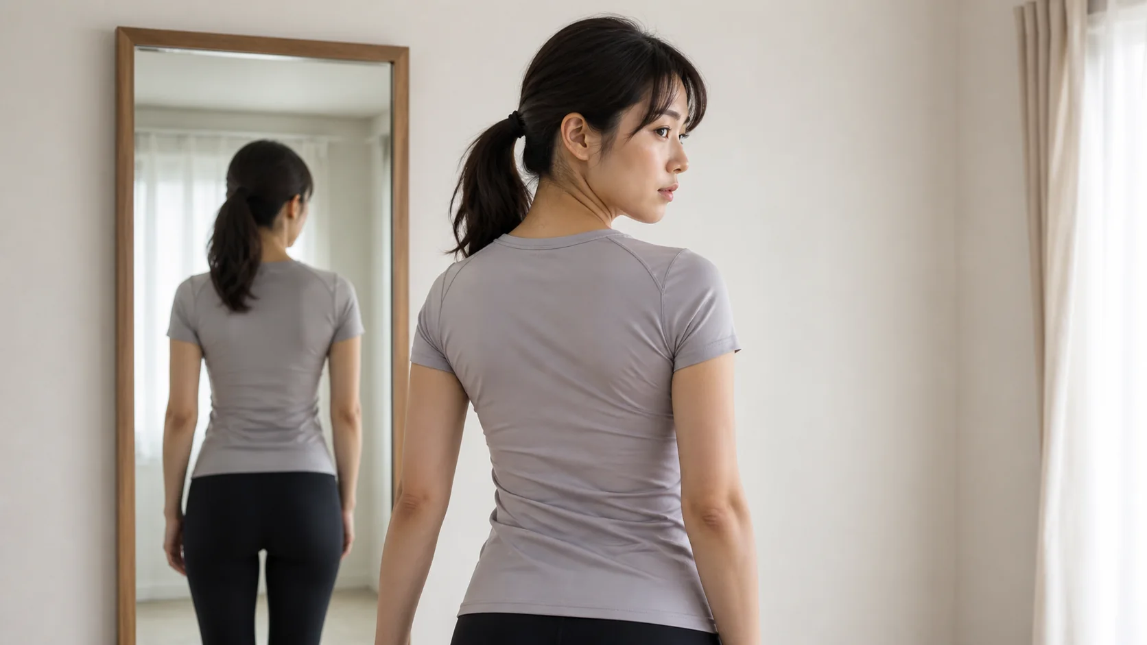 鏡で肩甲骨の左右差を確認する女性