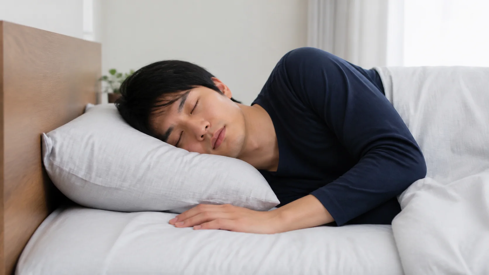 首を支える枕で横向きに眠る男性