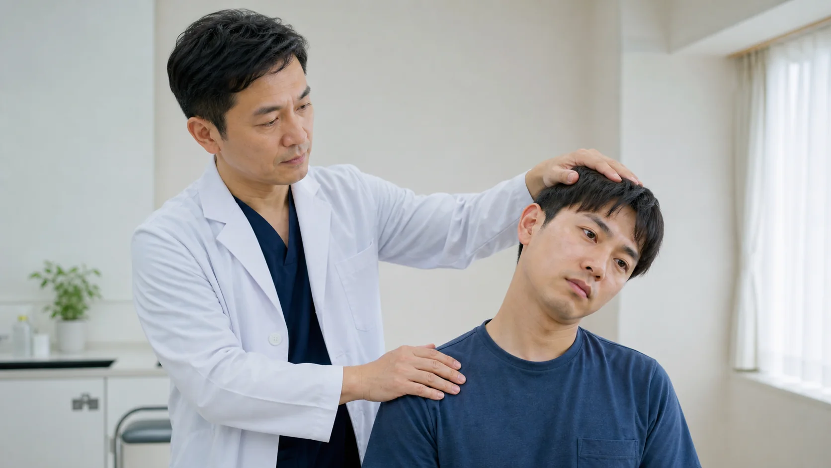 首の可動域を医師が確認する男性