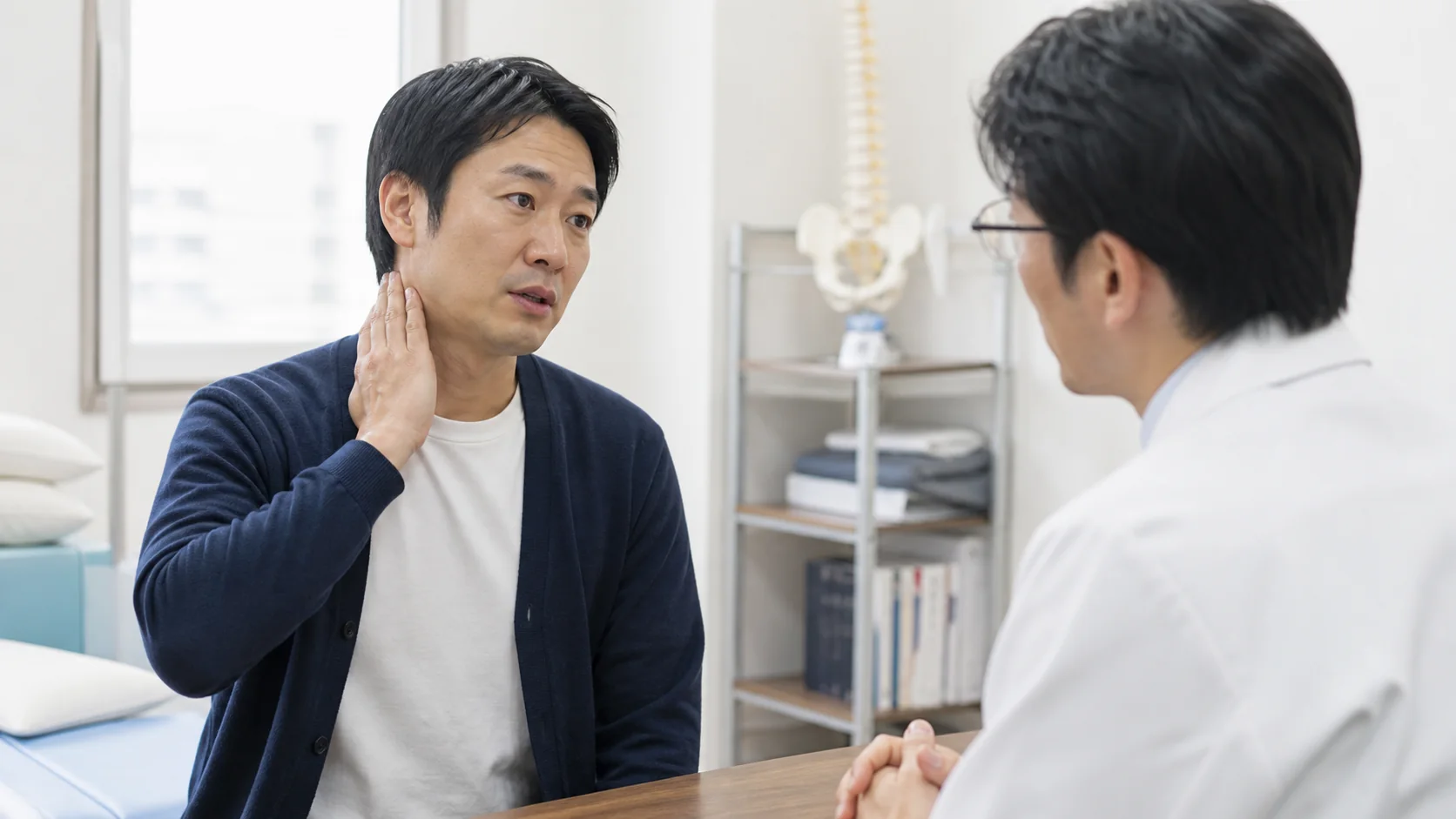 首の痛みを医師に相談する男性