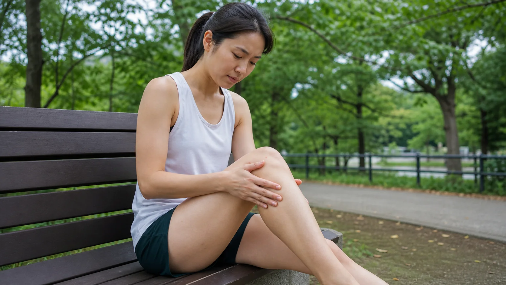 運動後に膝の内側を気にする女性