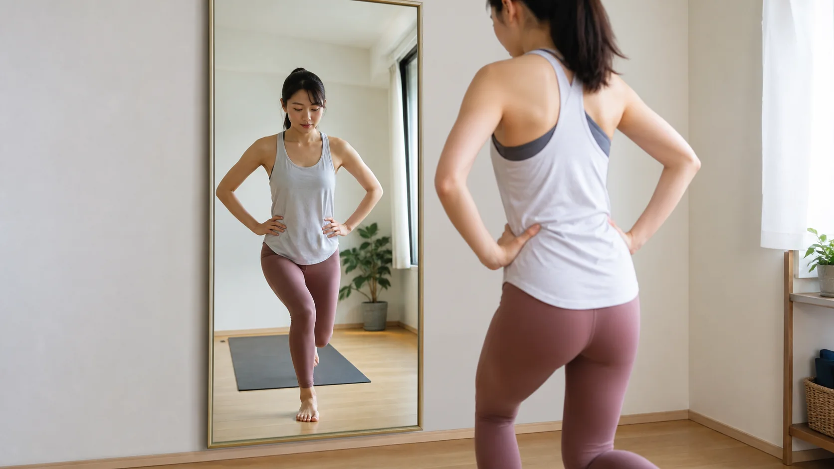 鏡で片脚スクワットの膝の向きを確認する女性