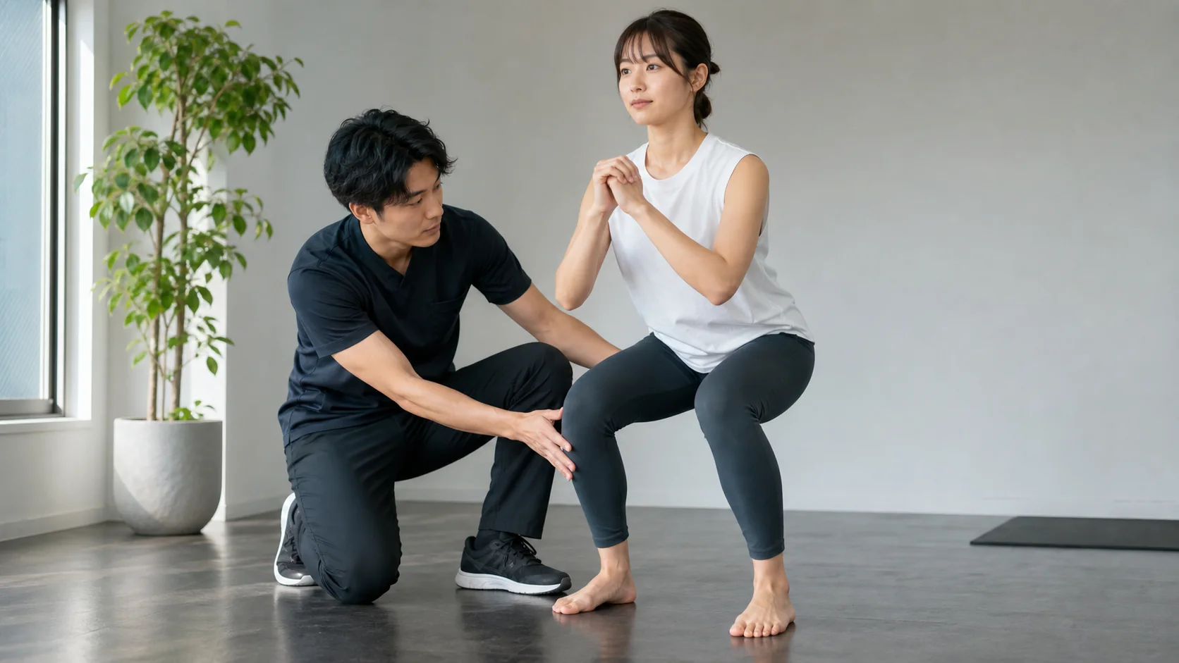 膝とつま先の向きを施術者が確認する女性