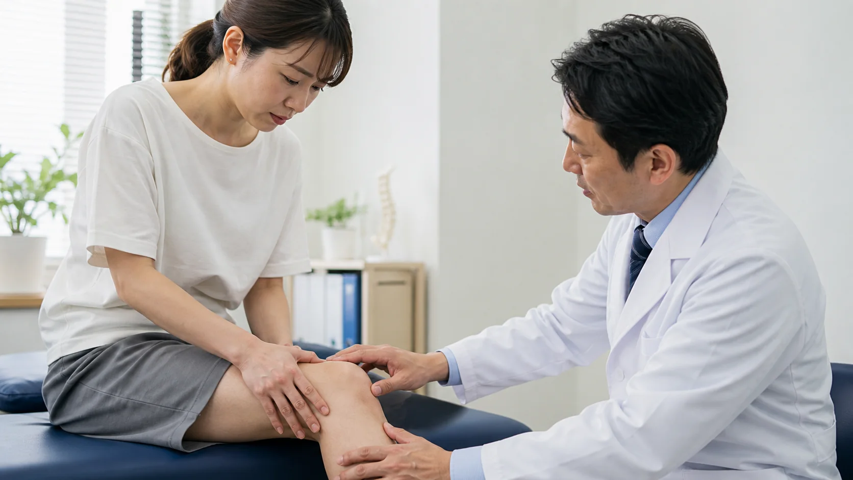 続く膝の痛みを医師に相談する女性