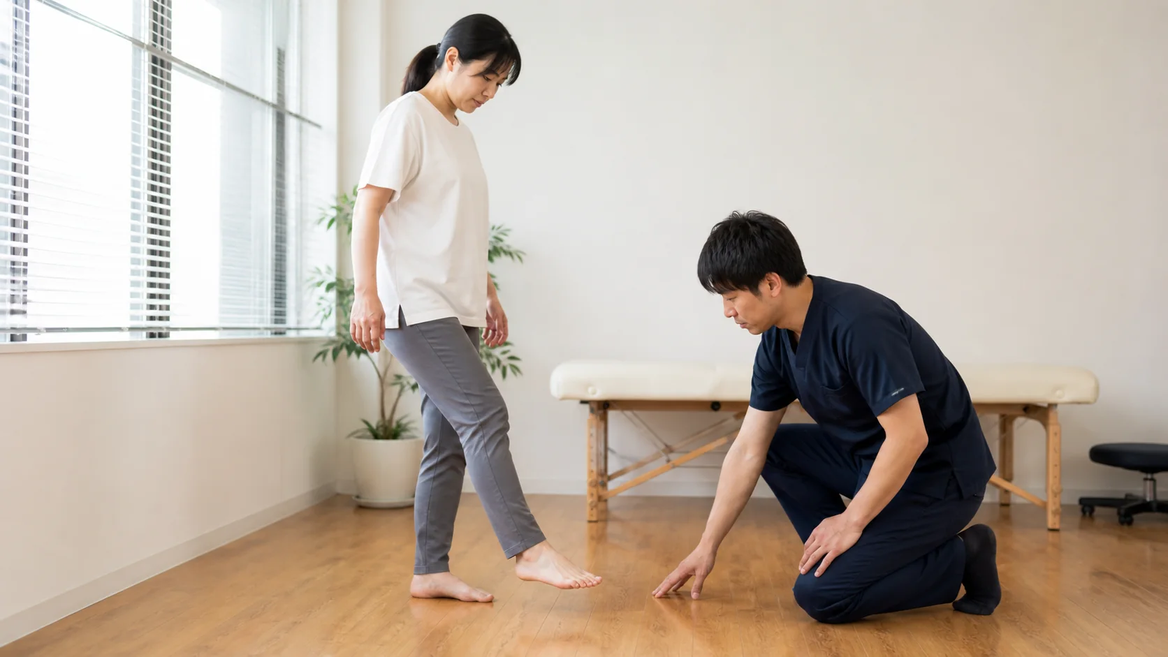 足裏の安定性を施術者が確認する女性