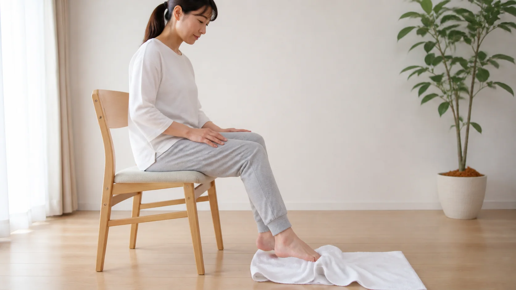 タオルを足指でたぐり寄せる女性
