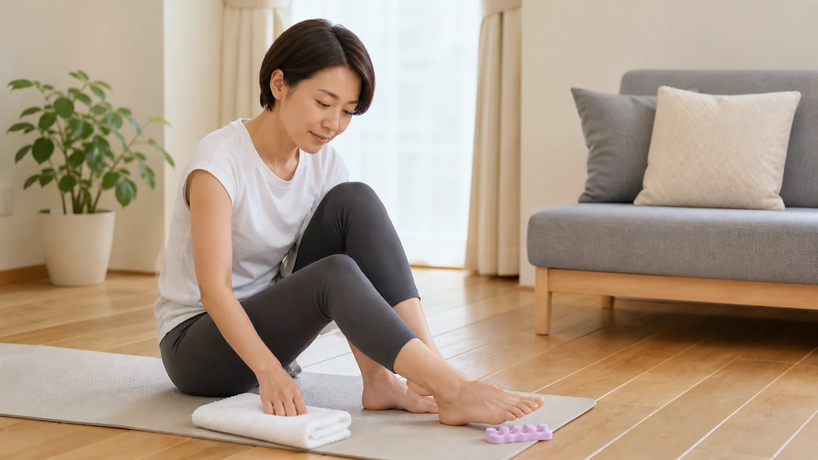 足指トレーニングの道具を準備する女性