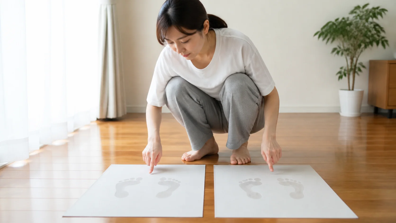 2回分の足跡を比較する女性