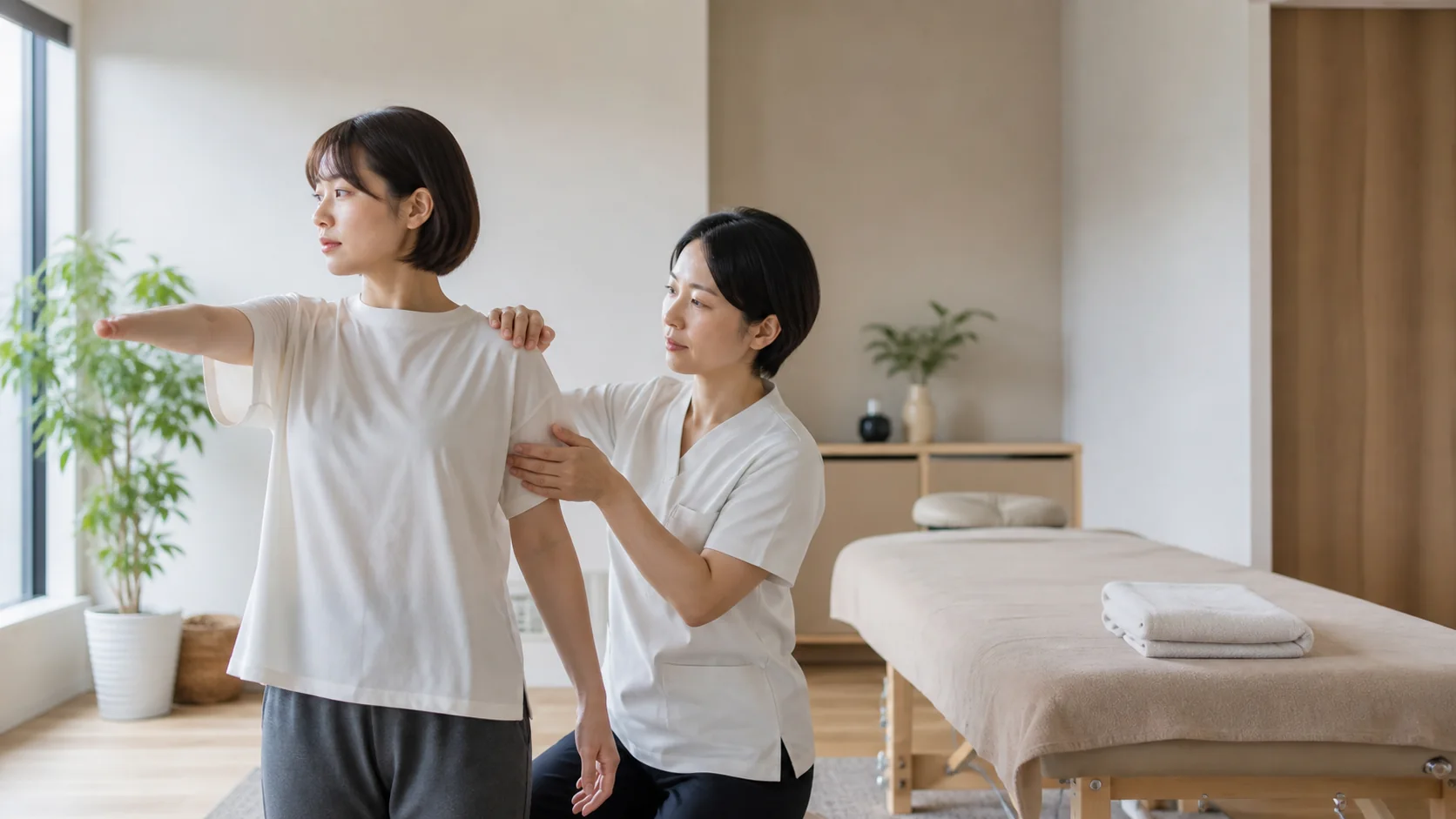 肩の動きを確認して施術方法を選ぶ様子