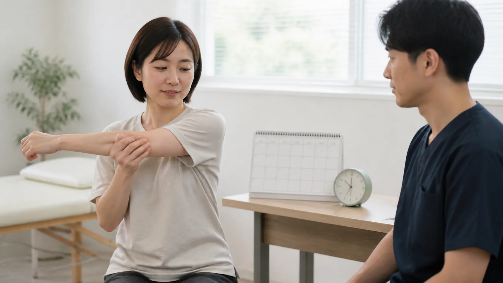 肩の楽な状態が続く期間を確認する女性