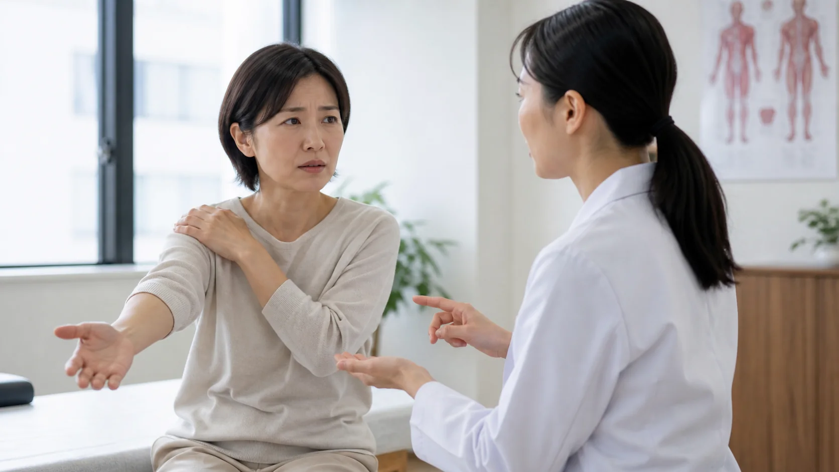 腕のしびれについて医療者に相談する女性