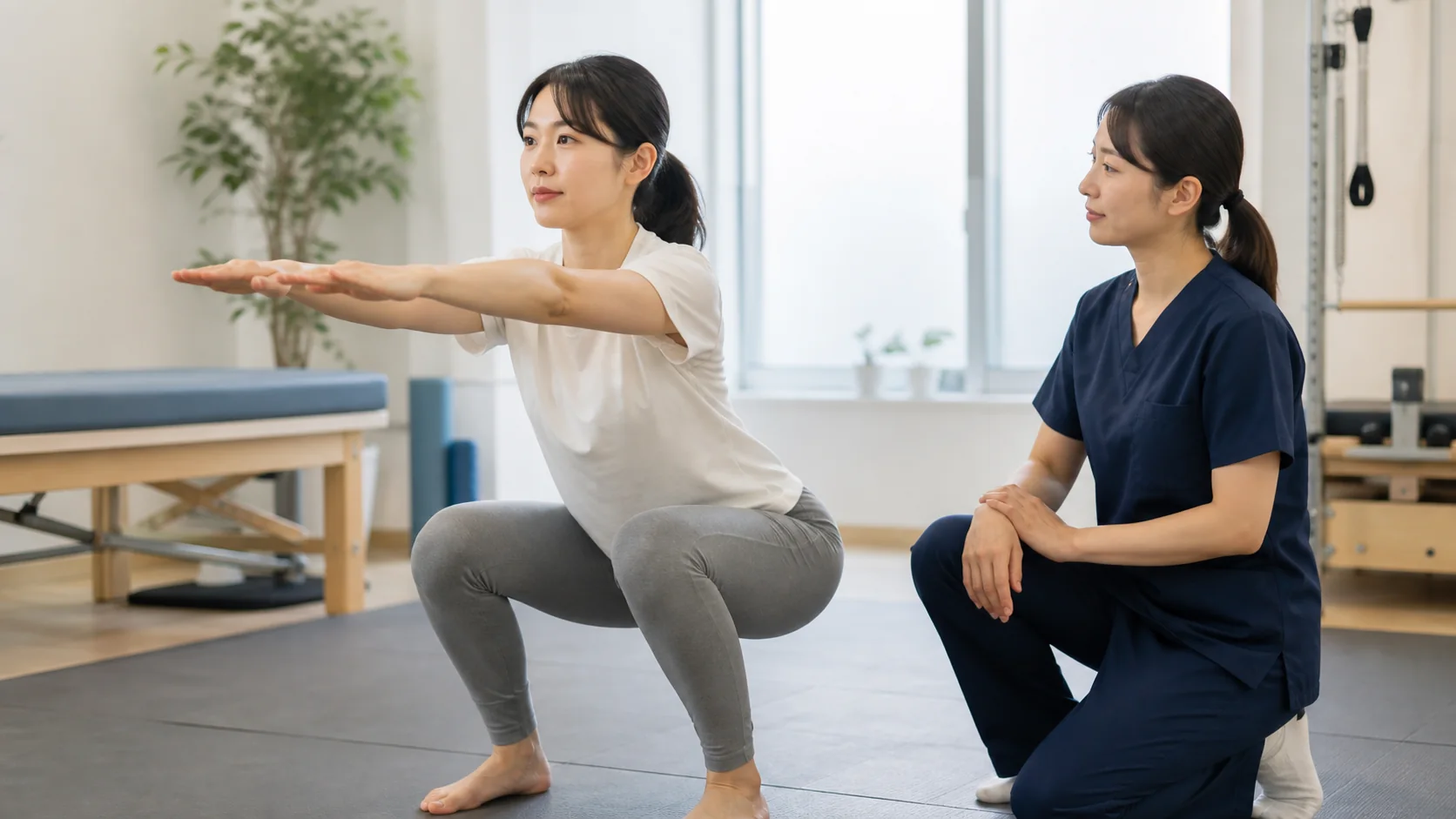 スクワット動作で身体の安定性を確認する女性