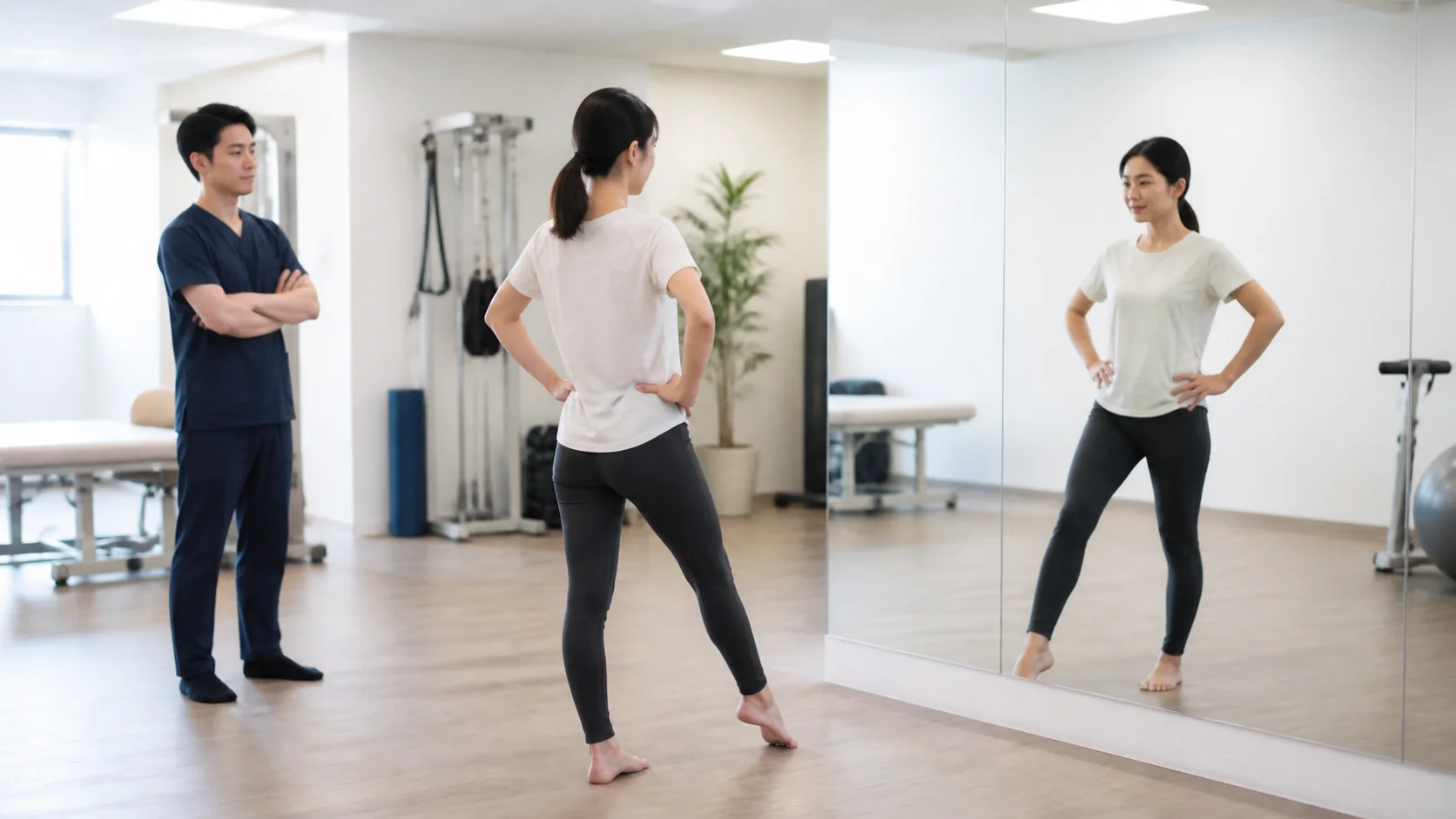 鏡の前で自分の動きを確認する女性