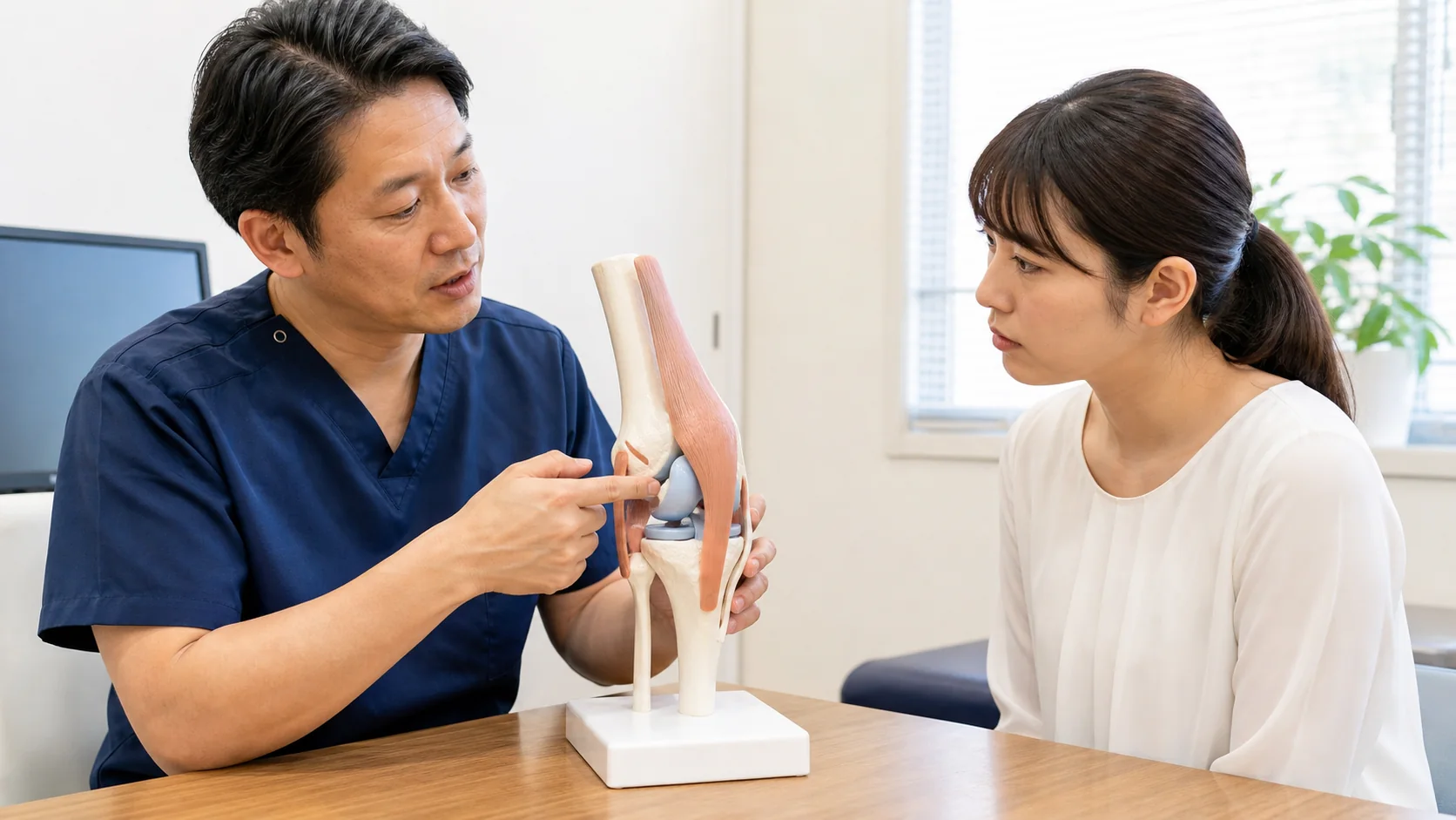 膝模型で関節内外の違いを説明する施術者