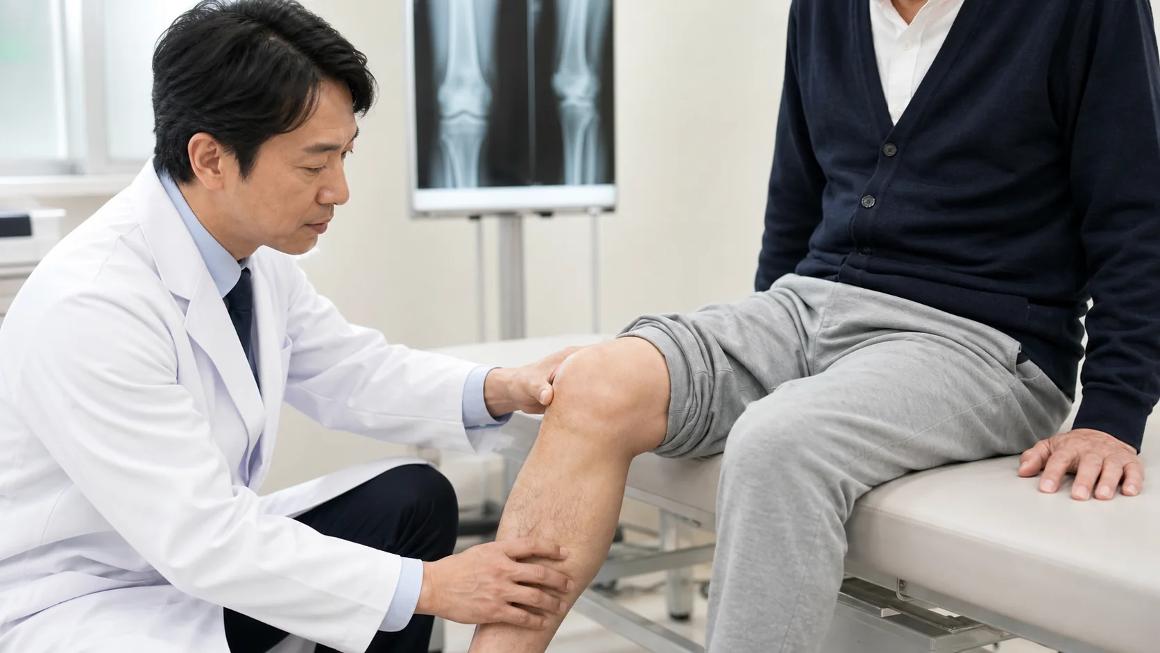 整形外科で膝の状態を検査する医師