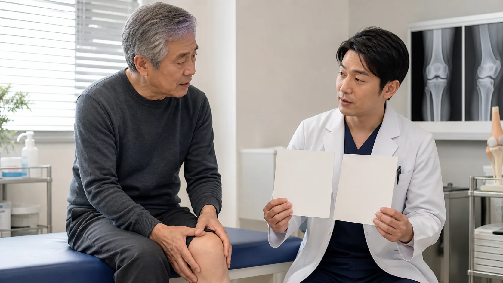 膝痛の受診先を医師に相談する男性