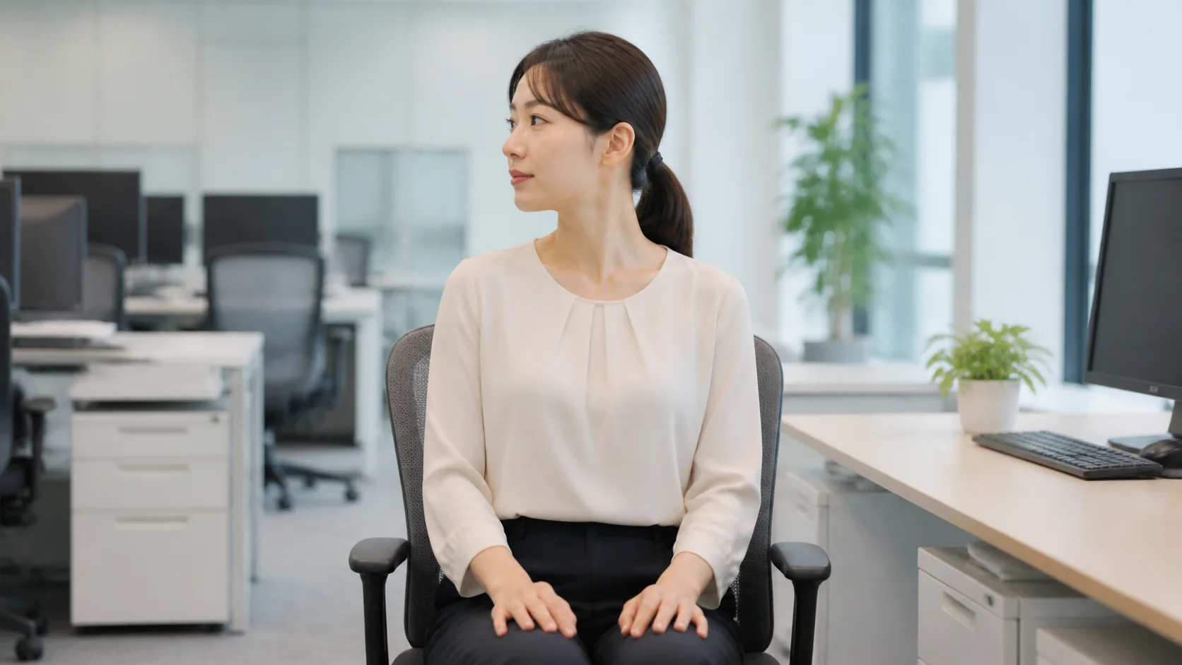 椅子に座って首をゆっくり横に向ける女性