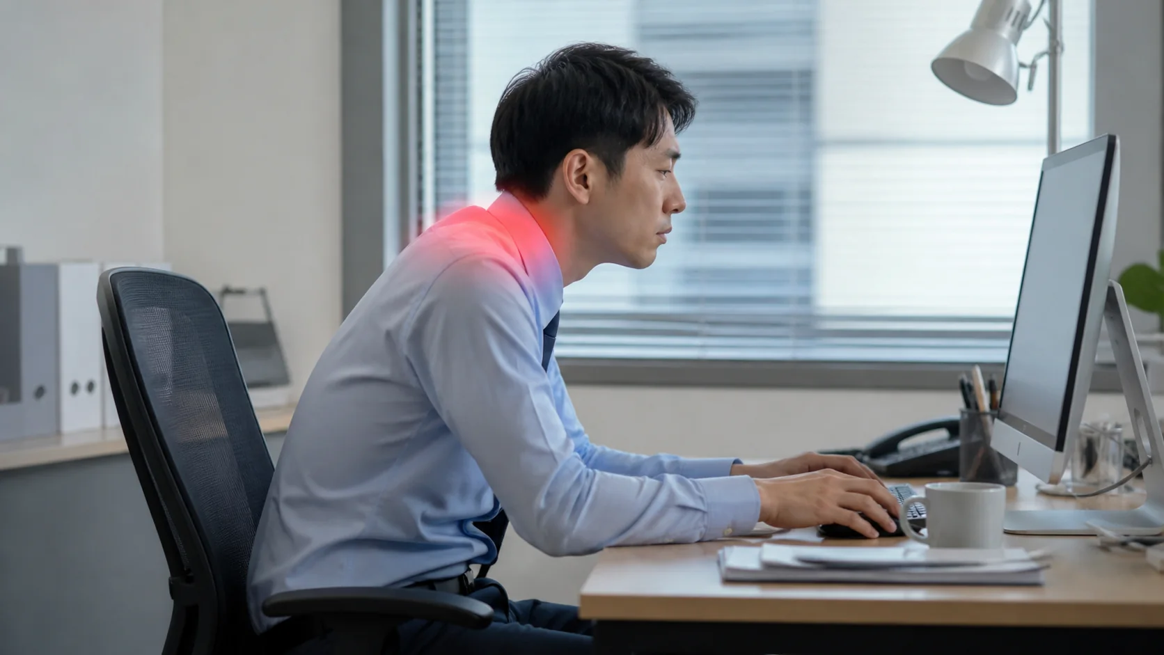 前のめり姿勢でパソコン作業をする男性