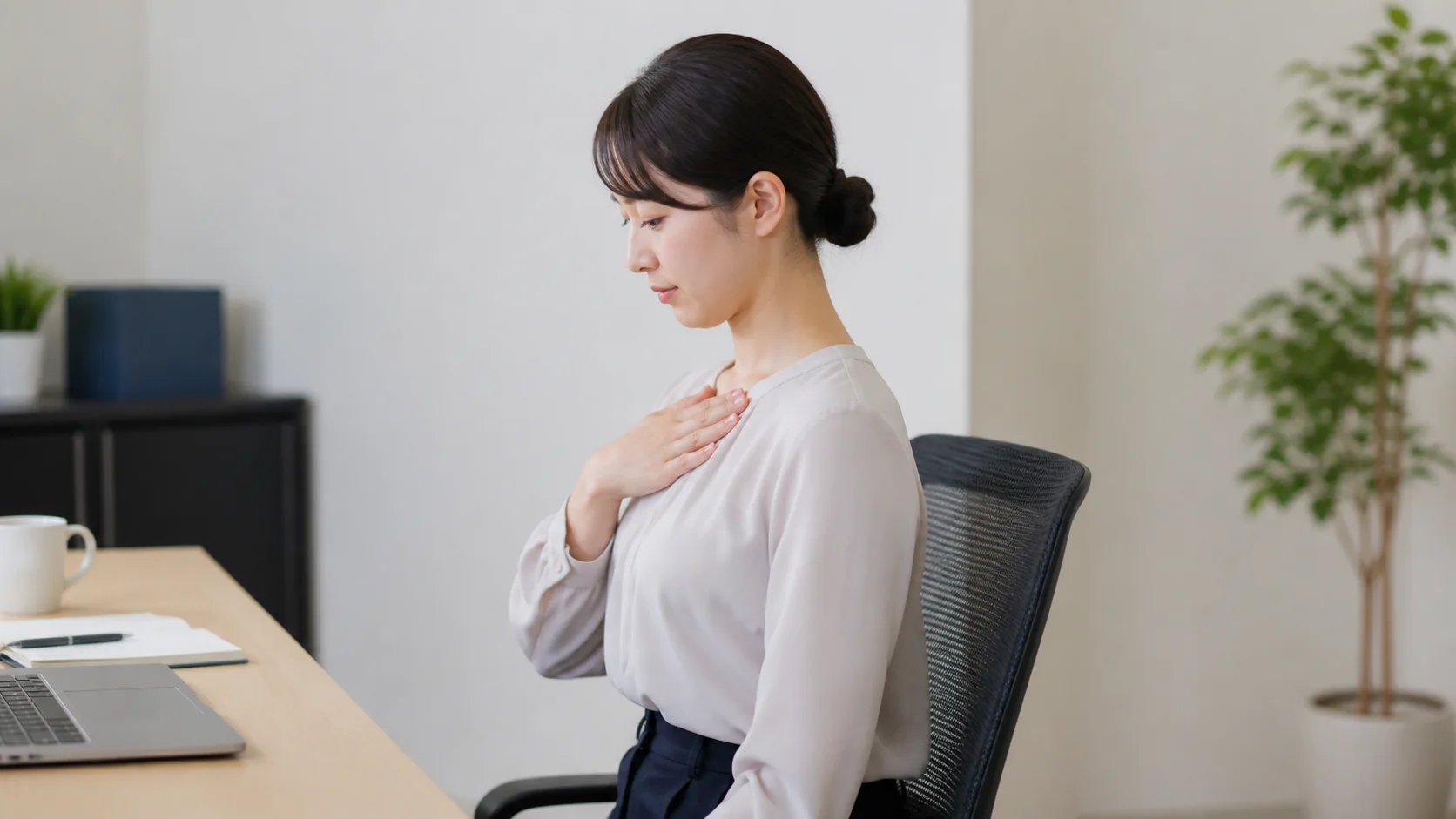 座ったまま小さくあごを引く女性