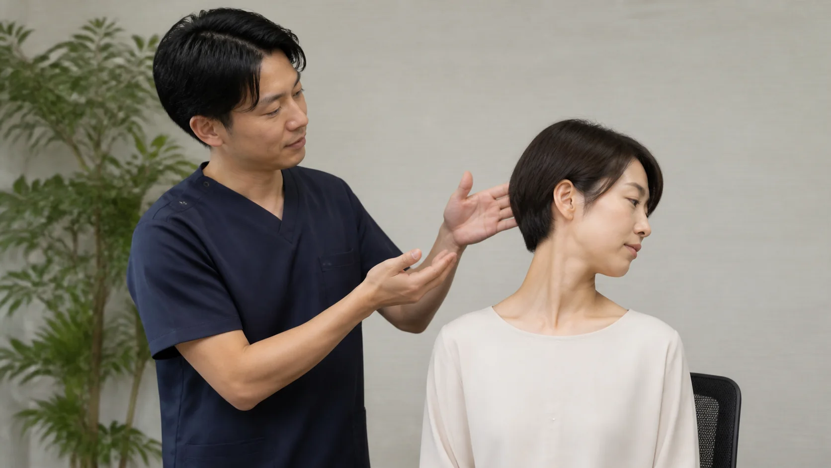 施術者から安全な首の動かし方を学ぶ女性